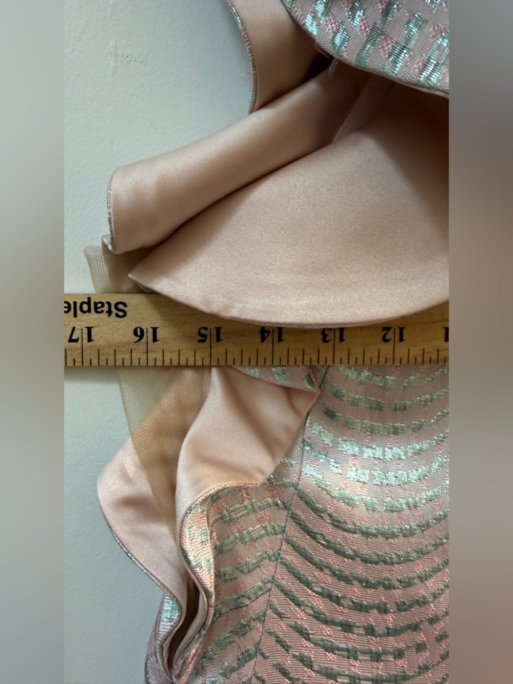 Theia Kay Unger Metallic Jacquard One Shoulder Ruffle Dress Pink Silver 8 - Picture 8 of 11